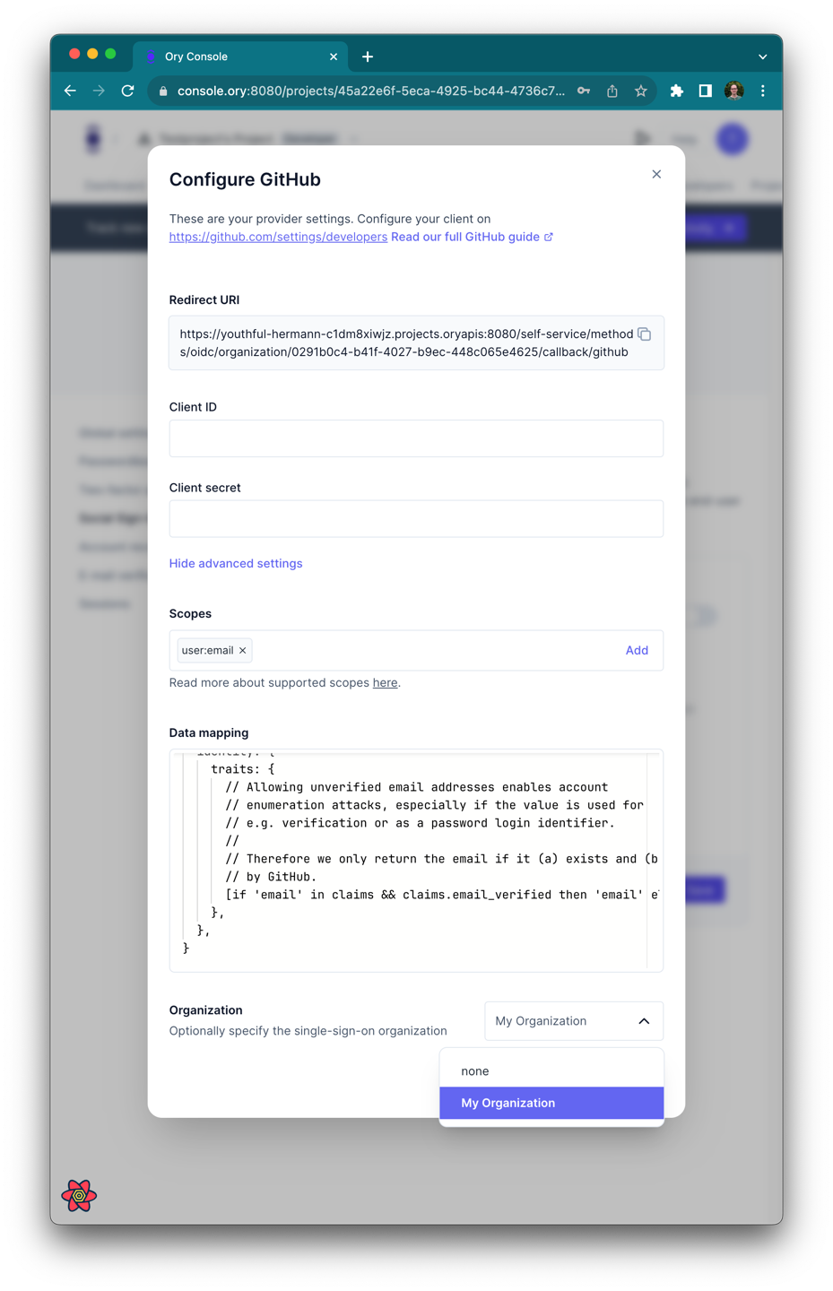 Configure the SSO connection in the Ory Console